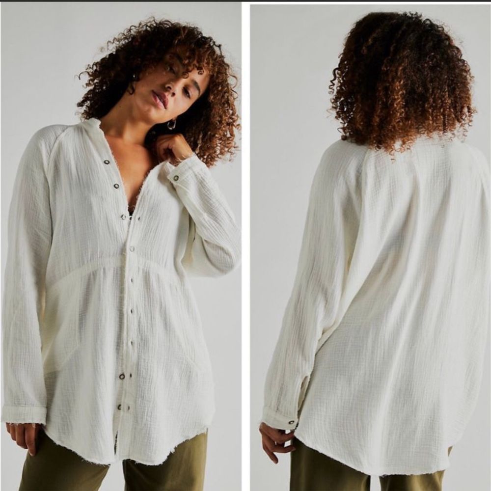 Free People White Mandarin Collar Blouse